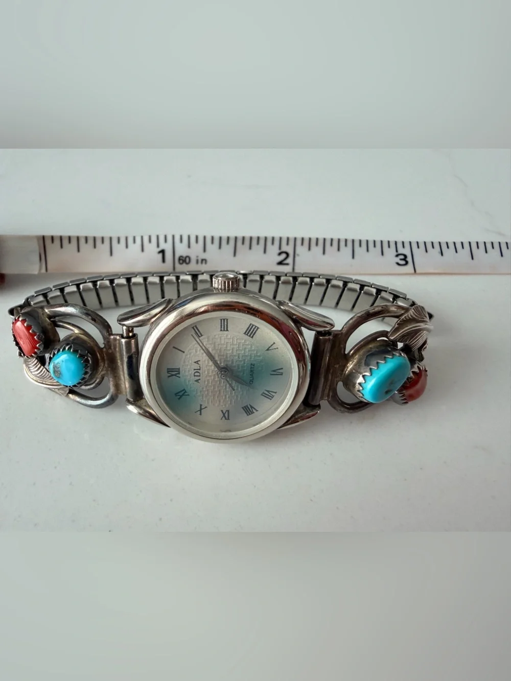 Adla Quartz Sterling Silver Turquoise & Coral Stone Bracelet Watch-Vintage rare